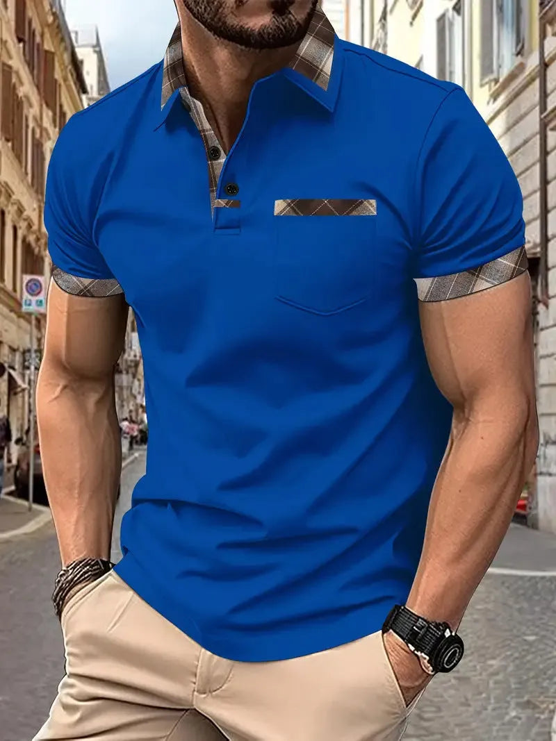 Men's loose fit plaid colourblock T-shirt with zipper decoration details on short sleeves