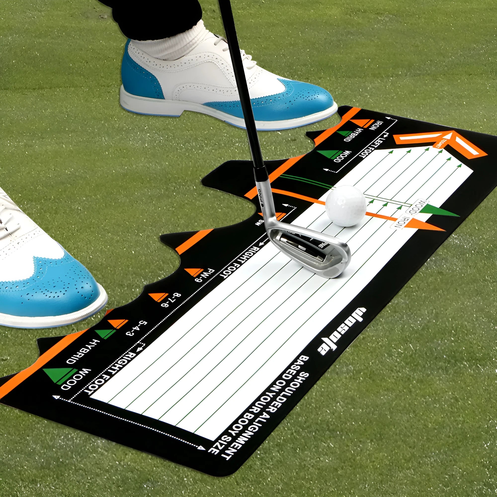 Black neoprene golf swing posture correction pad with directional alignment indicators