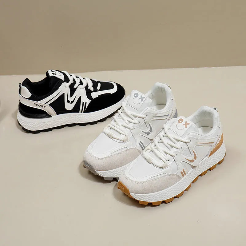 Women's platform casual shoes in black with round toe, lace-up front and flat heel