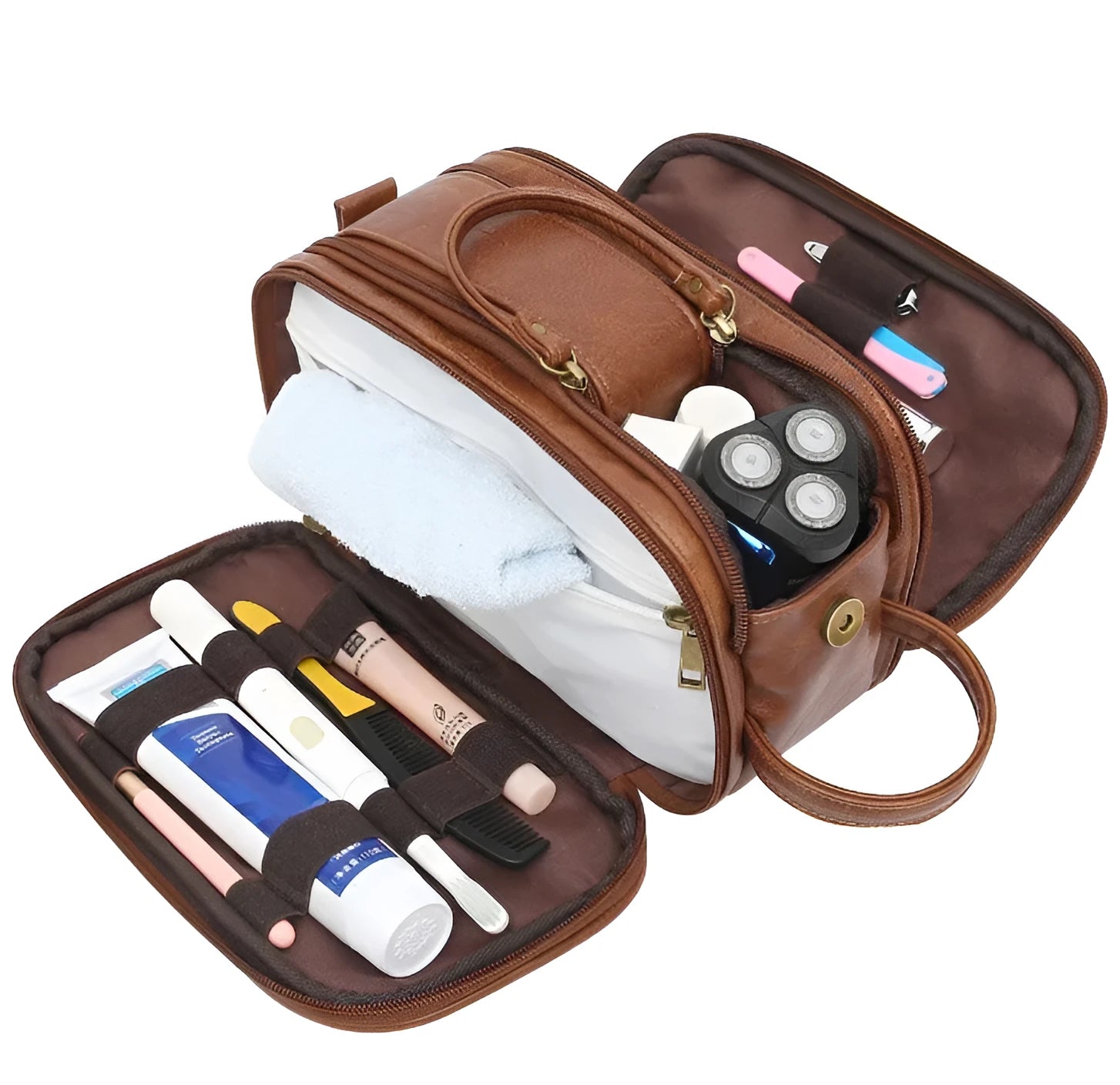 Men's black PU leather toiletry bag with solid colour design for travel grooming storage