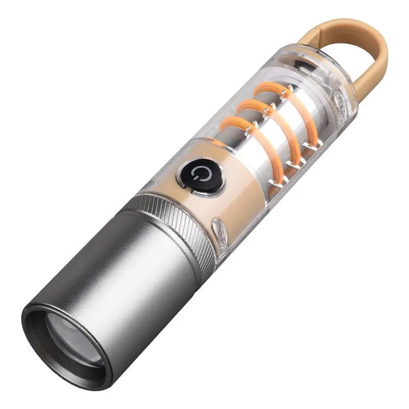 Orange and beige 10W rechargeable flashlight with hook, keychain, and USB cable.