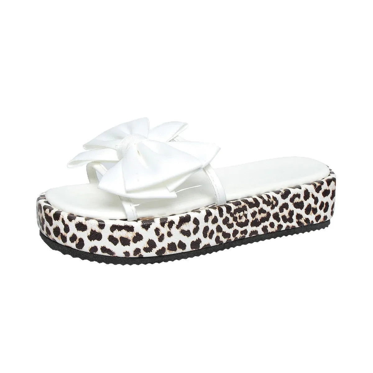 Leopard print women's beach slippers with thick sole and round toe in black colour.