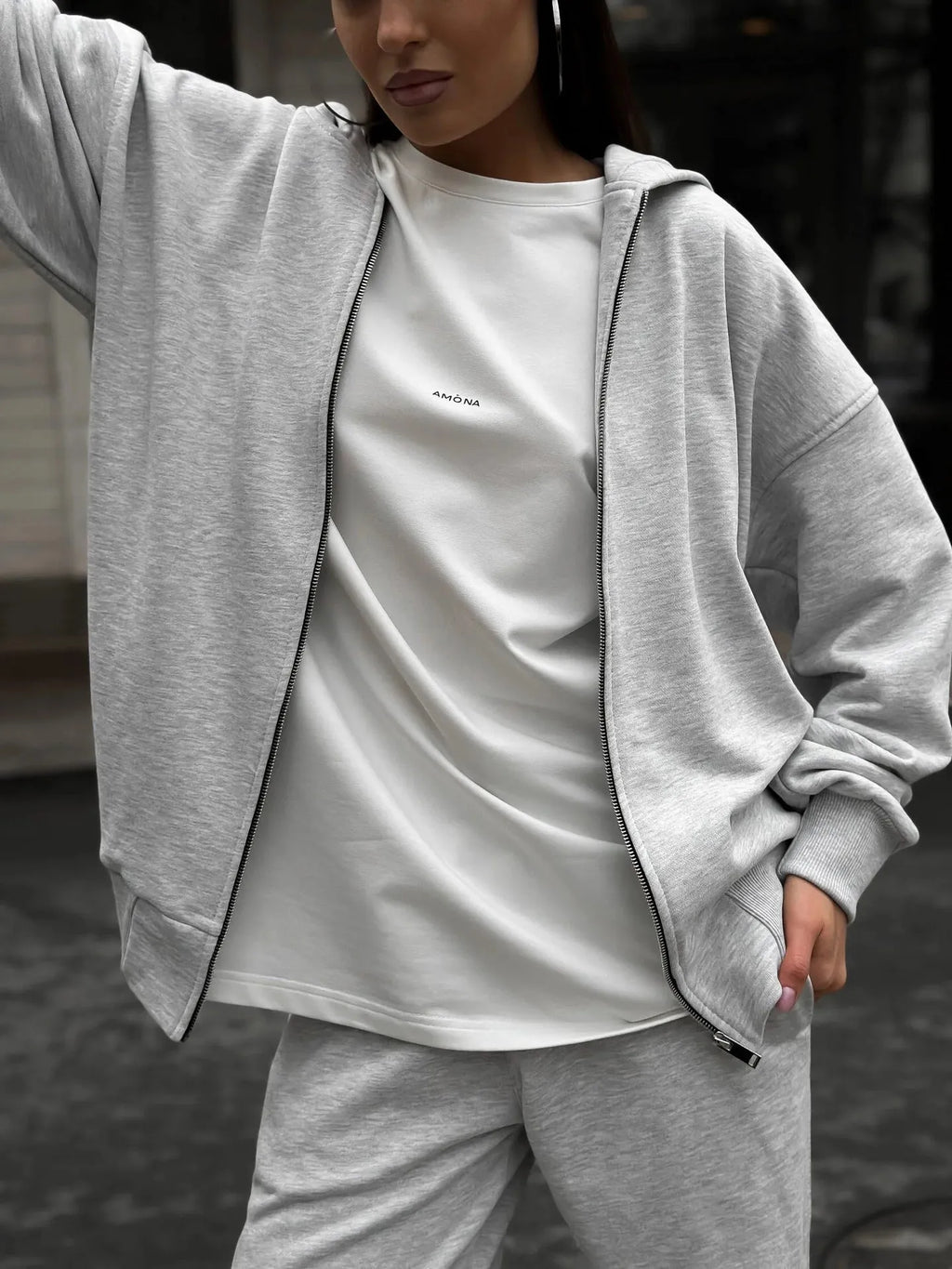 Street style long-sleeved coat and trousers two-piece set in solid colour