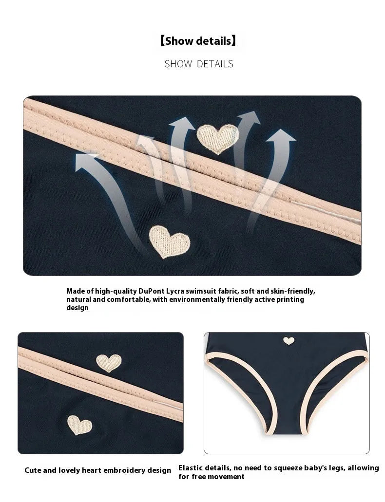 Dark blue split girl's swimsuit with briefs-style design for swimming and wading activities