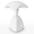 White modern LED desk lamp with a plastic shade and touch switch on a table.