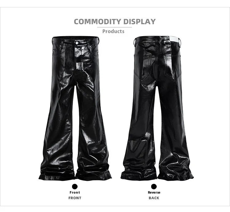 Black coated patent leather straight-leg jeans with shiny finish and cotton denim construction