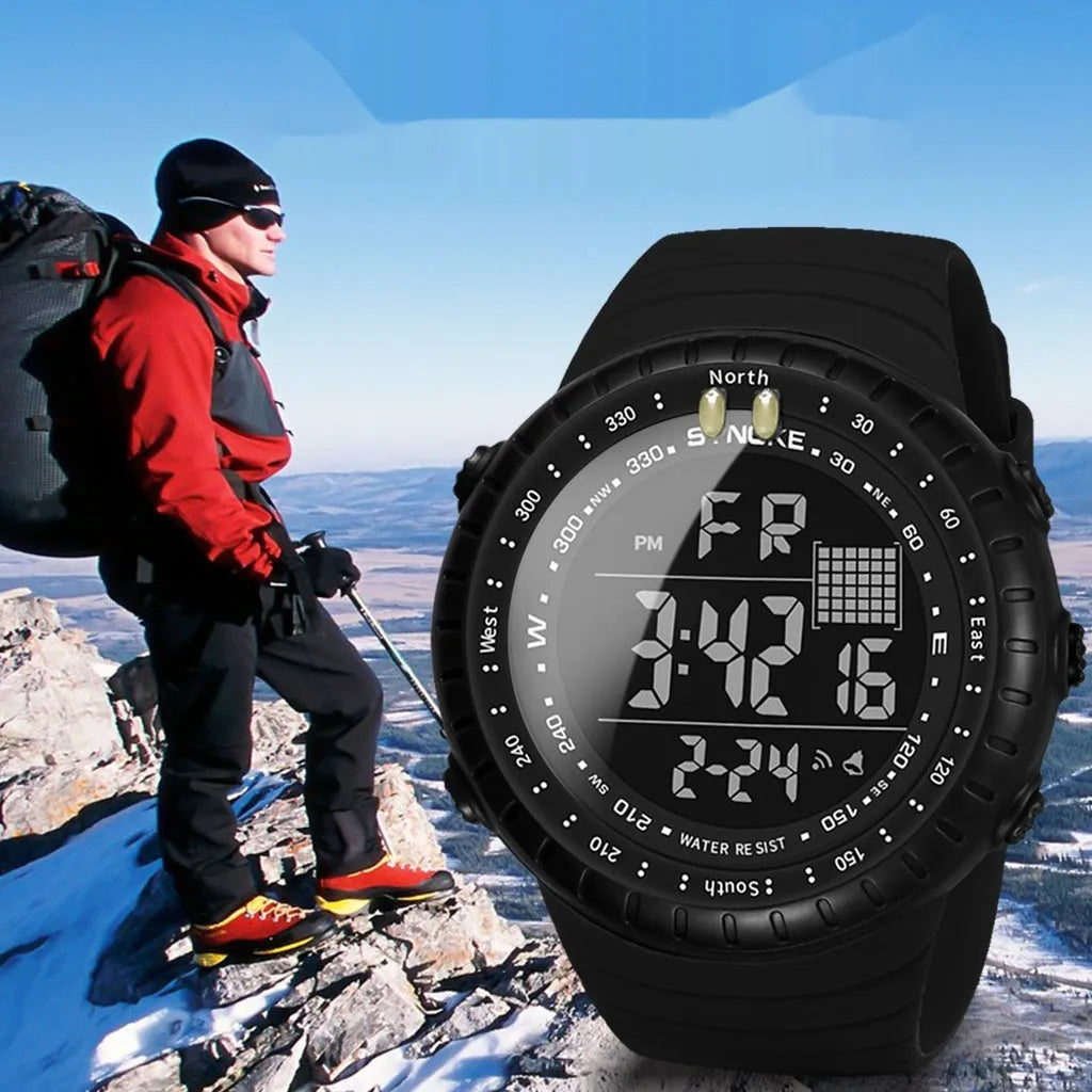 Black men's waterproof outdoor electronic watch with plastic case and PU strap
