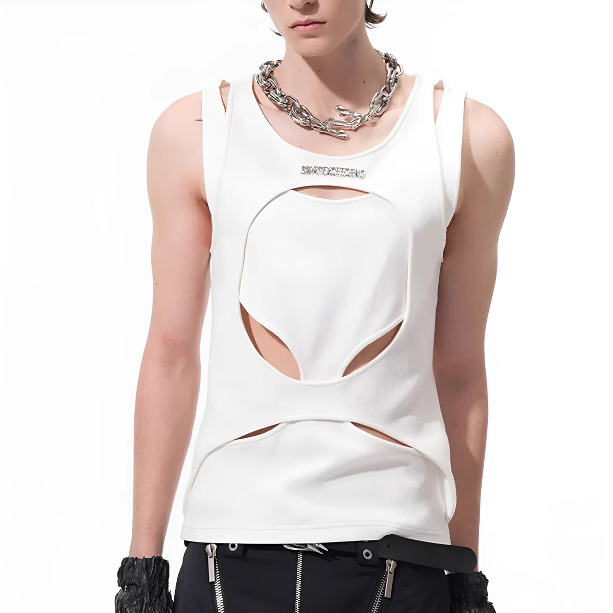 Men's loose fit sleeveless vest in black and white colours, showing round neck and pullover design