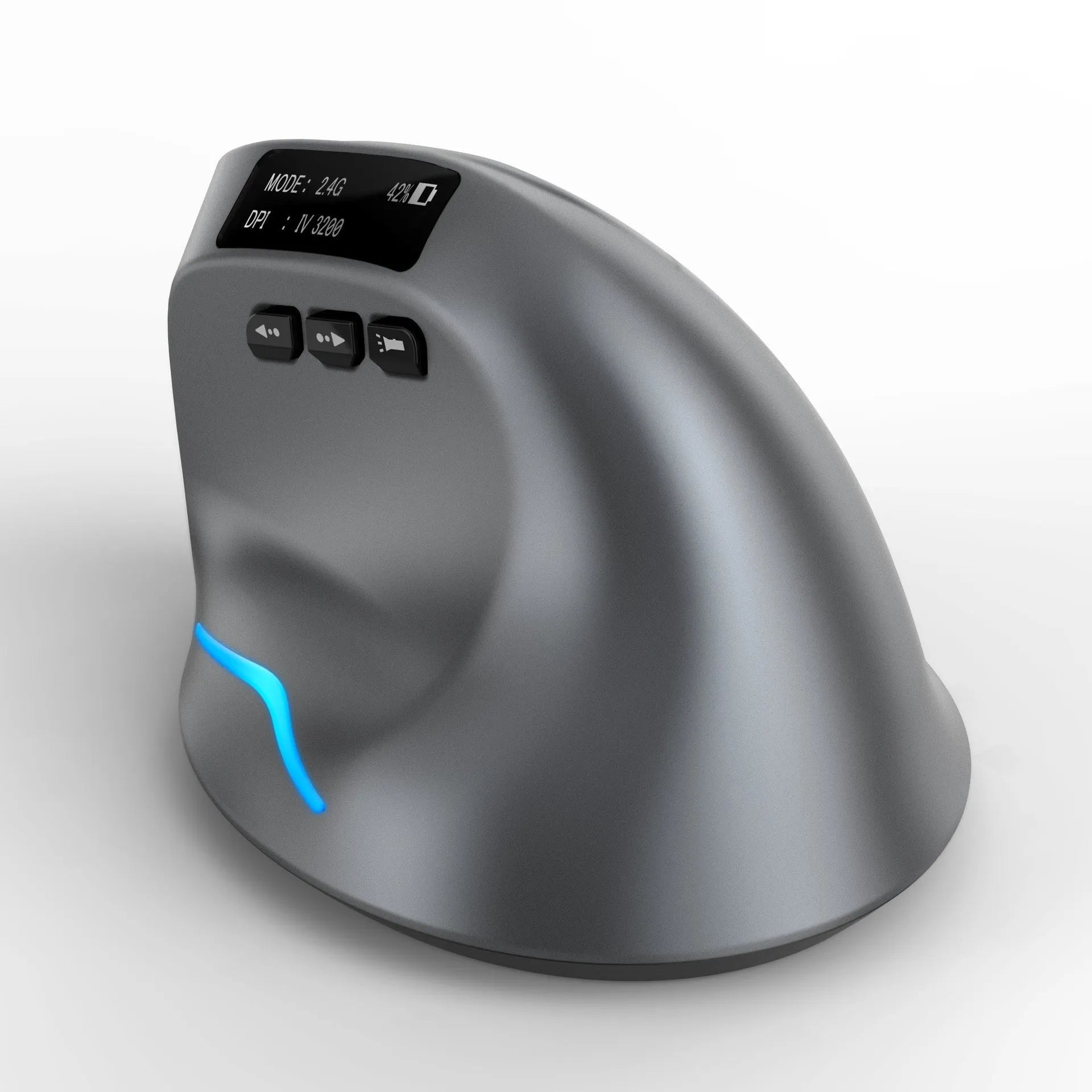 Grey handheld Bluetooth vertical mouse showing ergonomic grip design