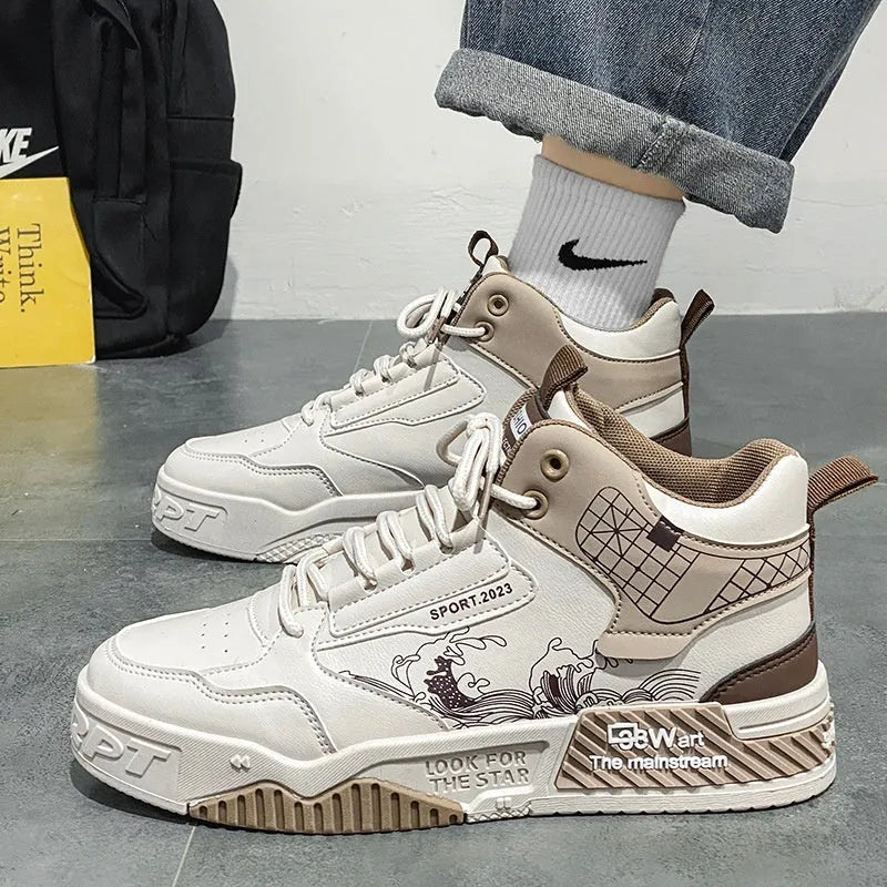 Men's high-top board shoes in beige with lace-up front and rubber sole