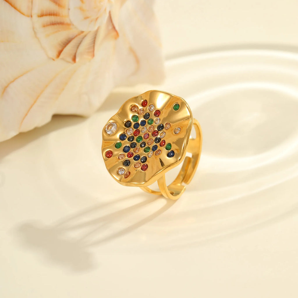 Geometric open mouth ring with pleated design and colour diamond inlays on stainless steel