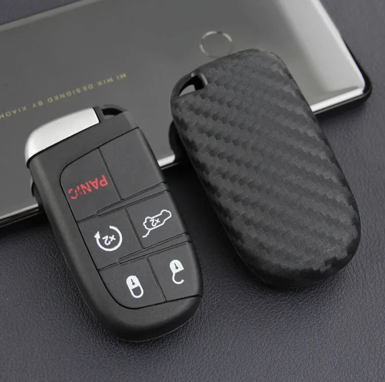 Silicone car key case for Dodge Chrysler Fiat with carbon fibre pattern and optional buckle