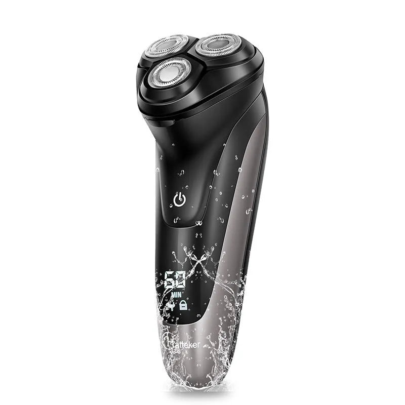 Men's electric shaver kit with three rotating floating heads and pop-up sideburn trimmer
