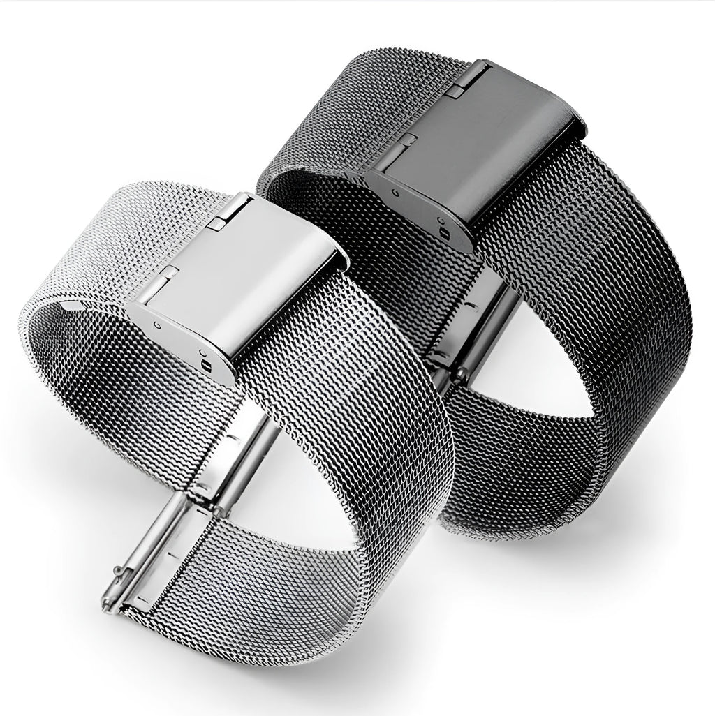 Milani stainless steel and woven silk watch band in silver, black, rose gold, or gold.