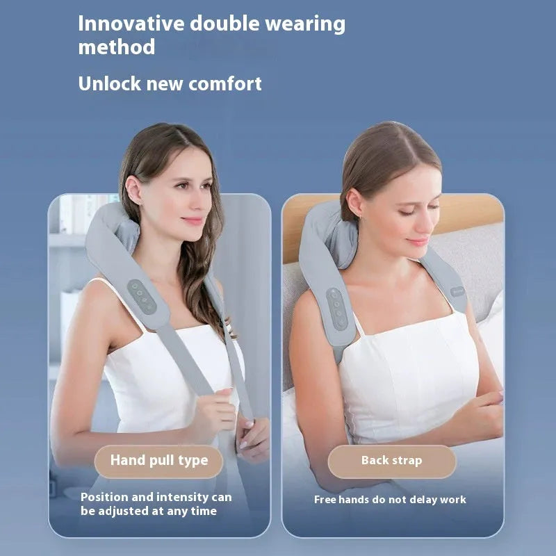 Grey elastic fabric USB neck and back massage instrument with infrared function.