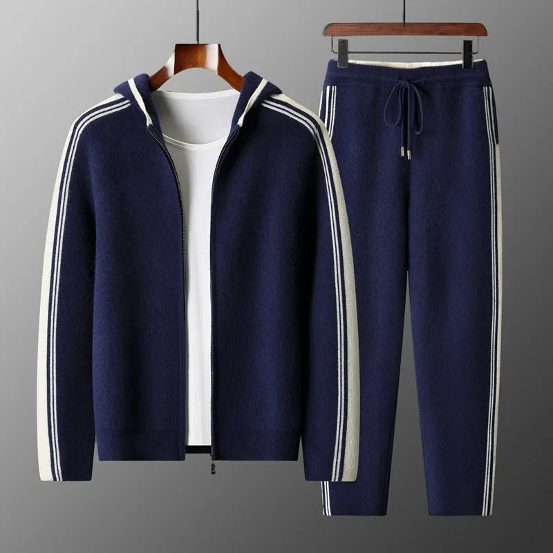 Men's wool two-piece set with hooded cardigan top and matching trousers in dark blue, dark grey, camel, or black
