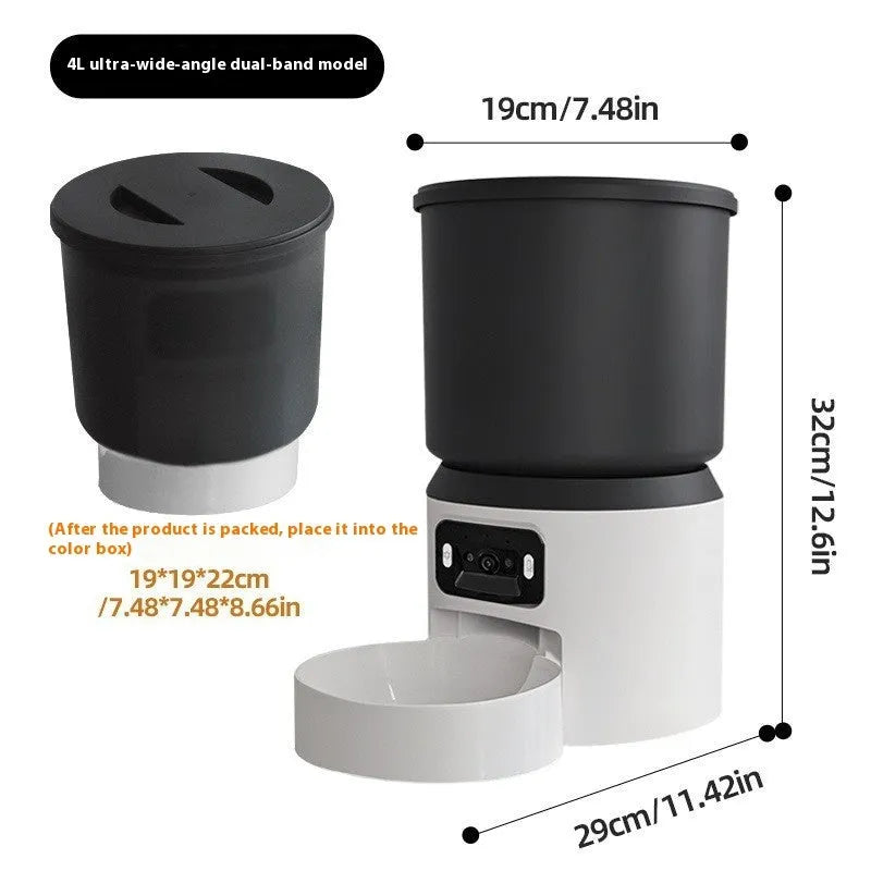 White 4-litre smart pet feeder with LED display, Wi-Fi antenna, and a stainless steel bowl on the floor.