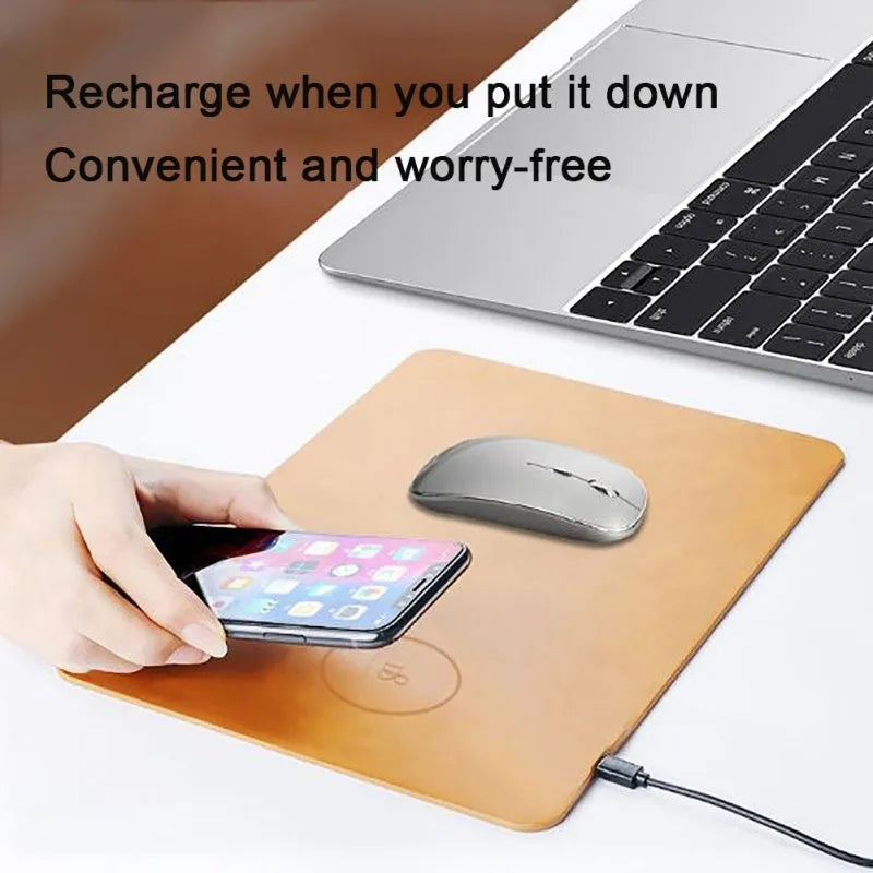 Brown leather wireless charging mouse pad with Micro USB cable showing 400x300mm dimensions