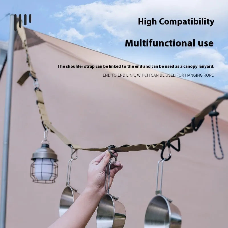 Outdoor hanging storage belt with aluminium hooks and 130cm polyester strap in black colour