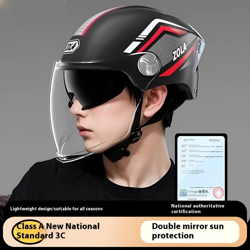 Children's 3C battery motorcycle half helmet with double mirror visor in light brown colour
