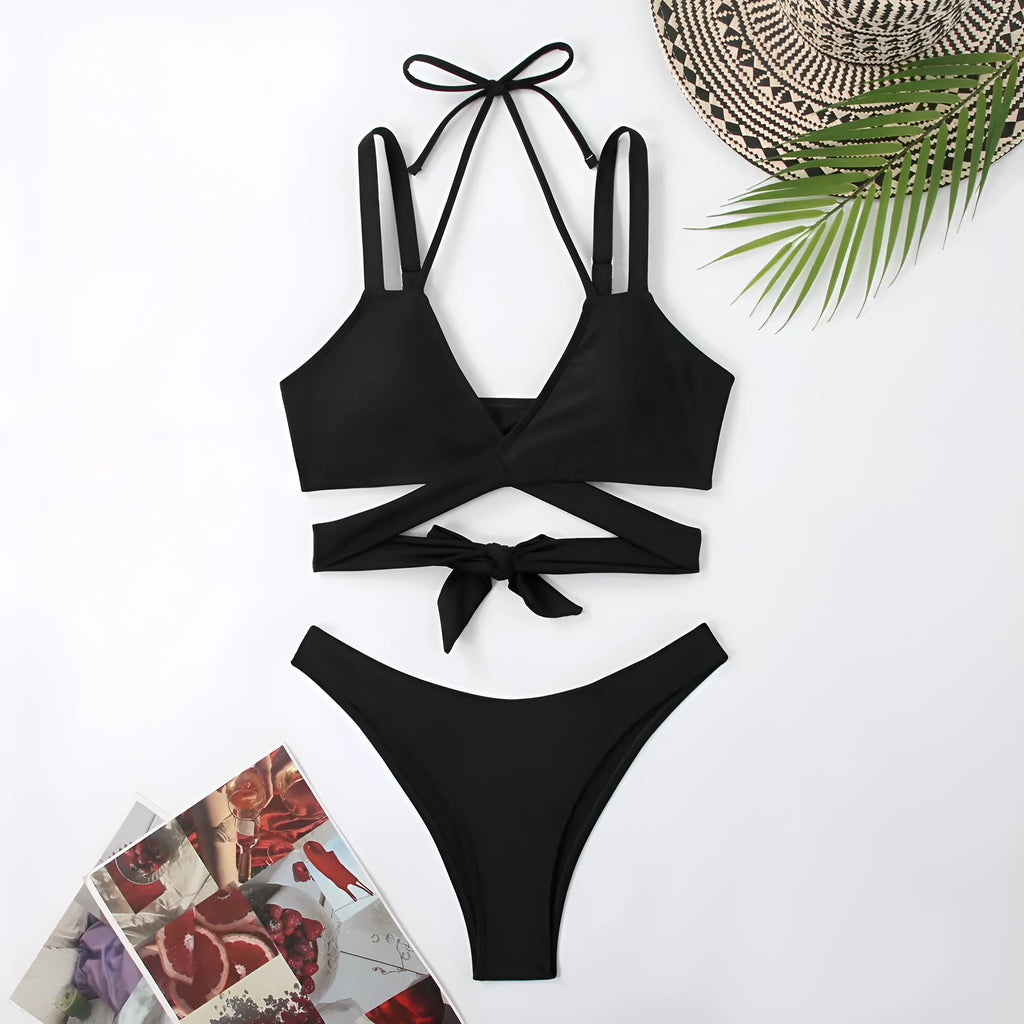 Solid colour strap bikini swimsuit in black red blue rose red or white