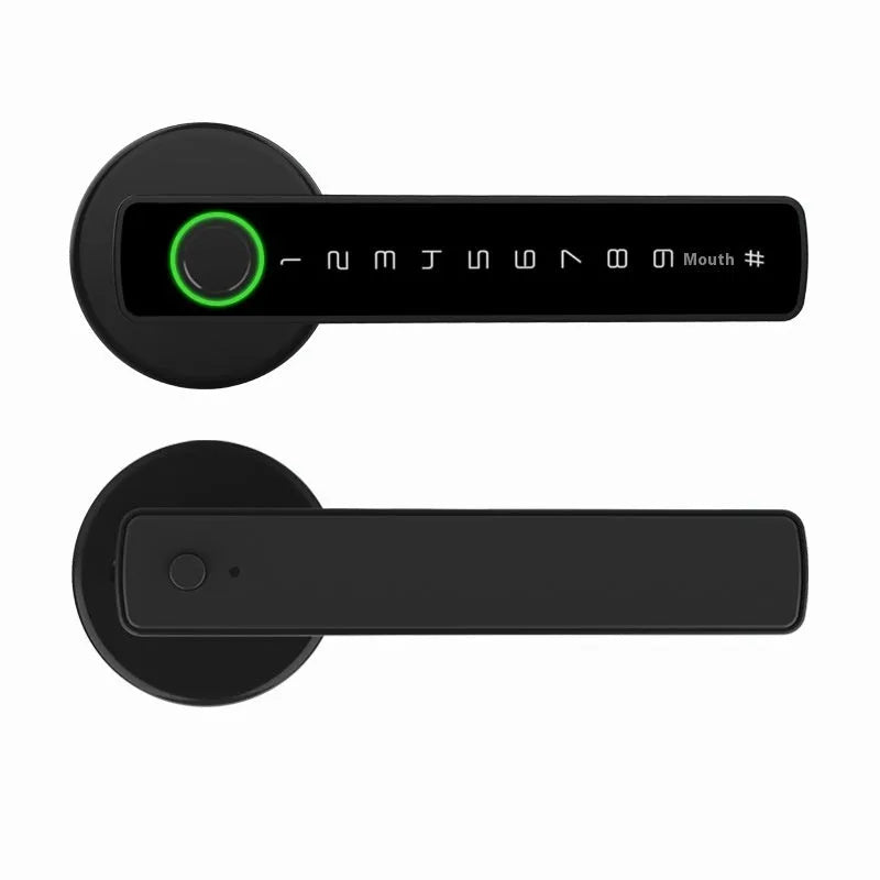 Black single handle smart door lock for wooden interior doors with fingerprint scanner and keypad.