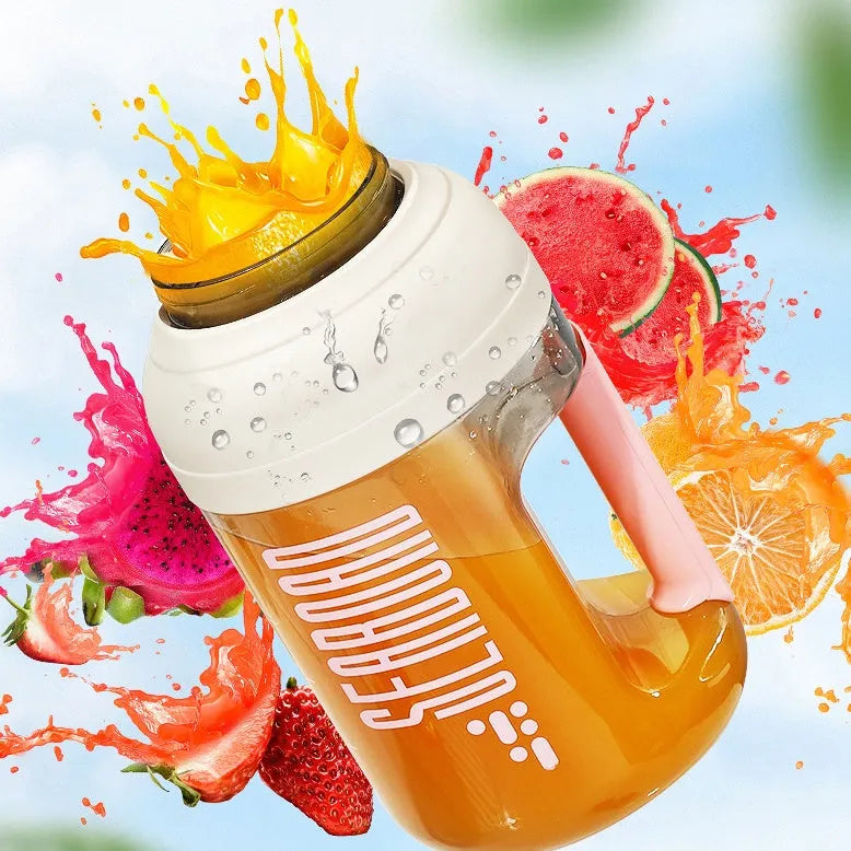 Electric portable juicer with 1500ml juice cup, 80W motor, plastic body, and PC food grade liner, shown in pink, grey, green, or orange.