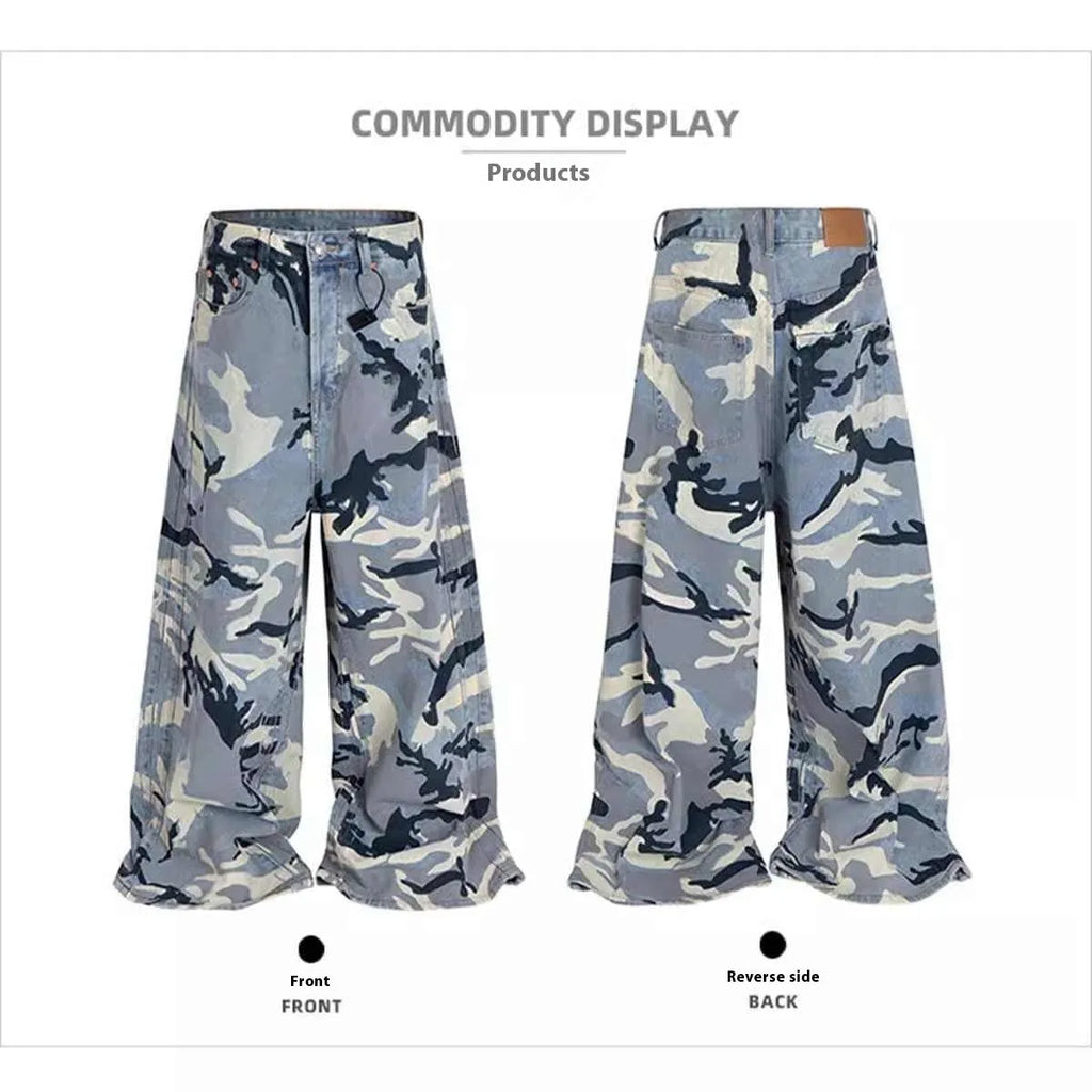 Man and woman modelling blue snow camouflage loose-fit stretch denim jeans.