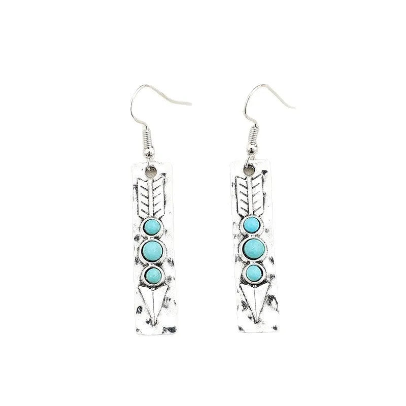 Long geometric silver earrings with turquoise inlays, zinc alloy construction