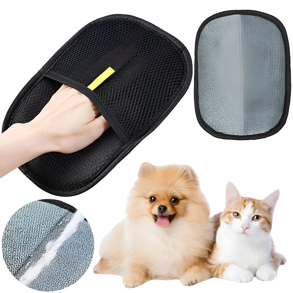 Black pet hair removal glove with silicone bristles on a hand, grooming a dog.