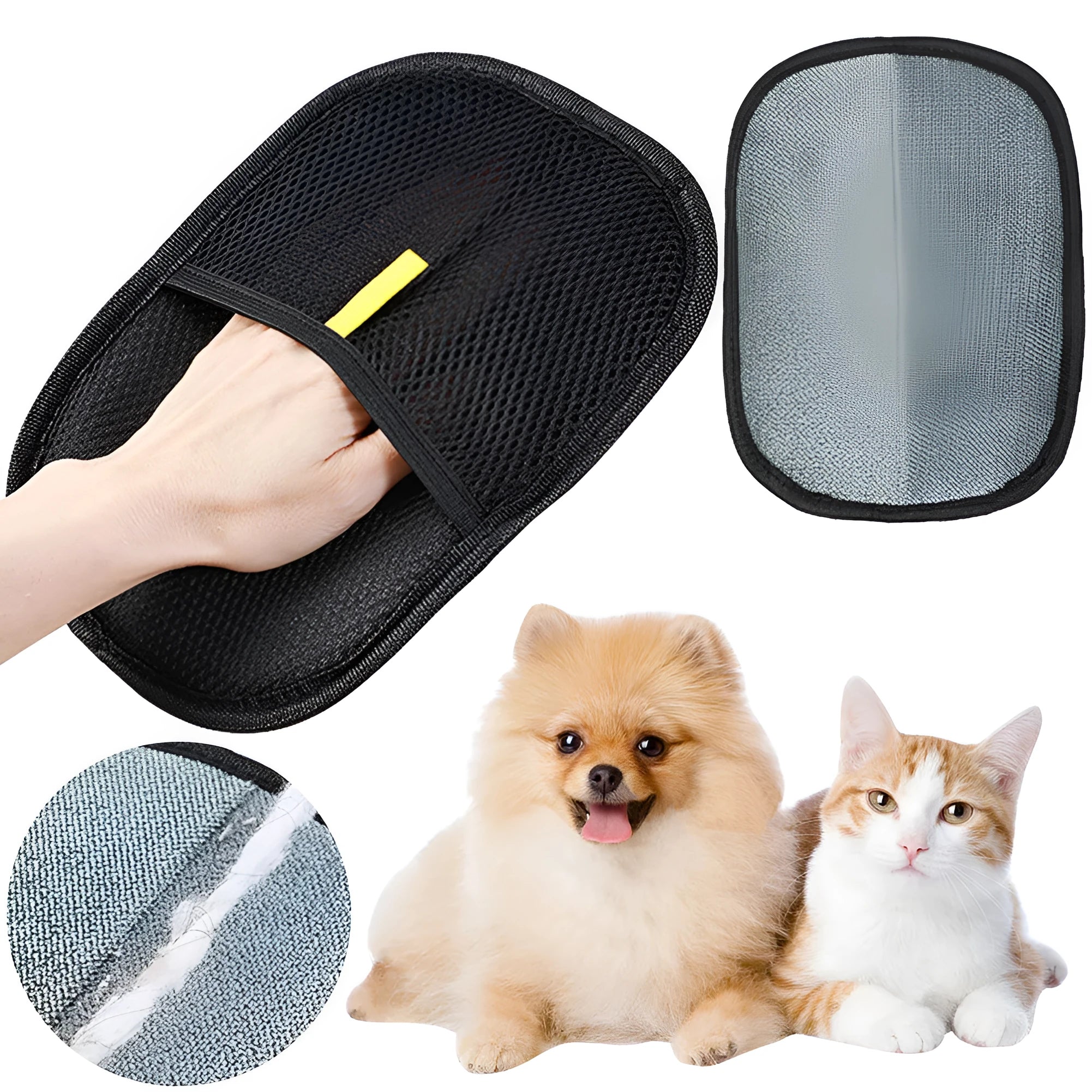 Black pet hair removal glove with silicone bristles on a hand, grooming a dog.