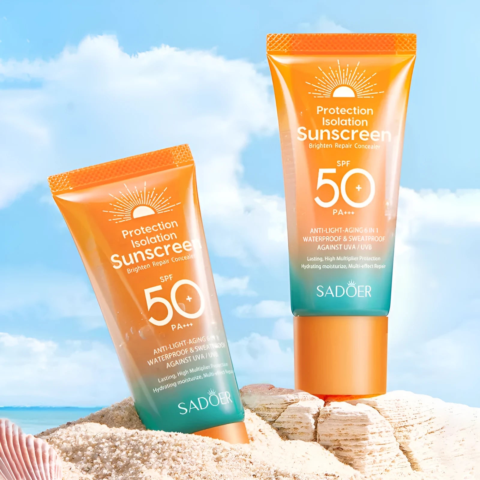 Double tube sunscreen and makeup primer with 50g content for face protection