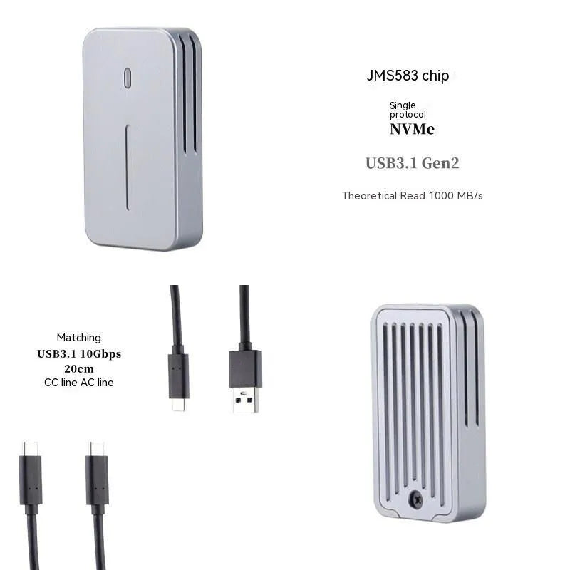 Aluminium alloy M.2 NVMe and SATA external SSD enclosure with USB-C port, measuring 5.2cm by 2.8cm.