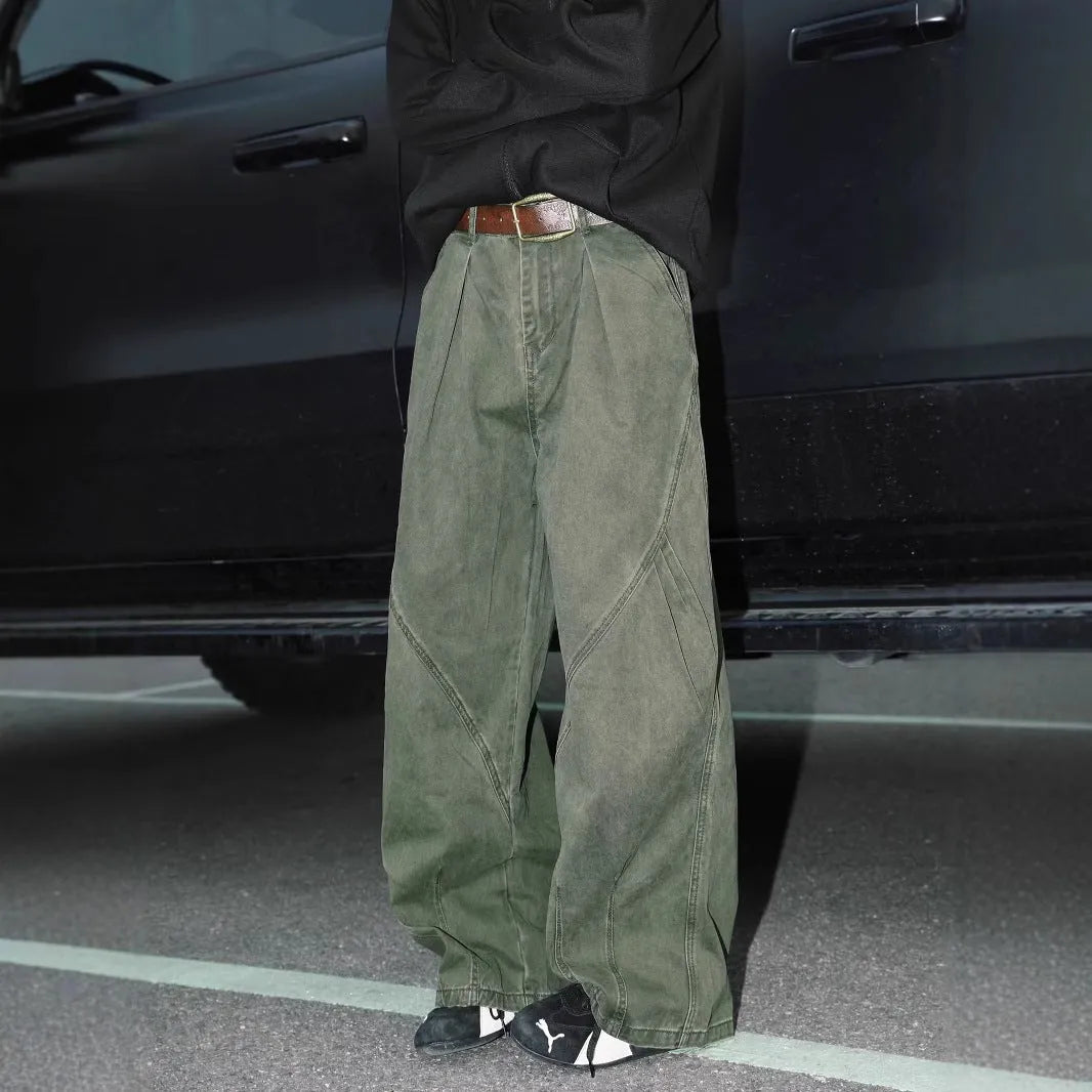 Men's loose straight leg trousers with pleats and stripes in apricot, black, and brown colours