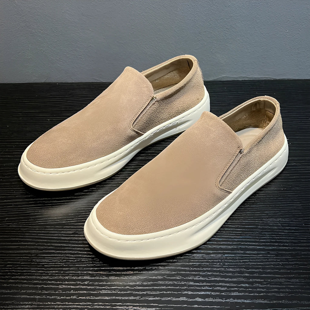 Men's slip-on casual shoes in apricot with round toe, sewing detail, and a mid-height rubber sole.
