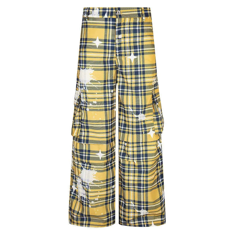 Man wearing blue retro plaid loose straight-leg casual overalls