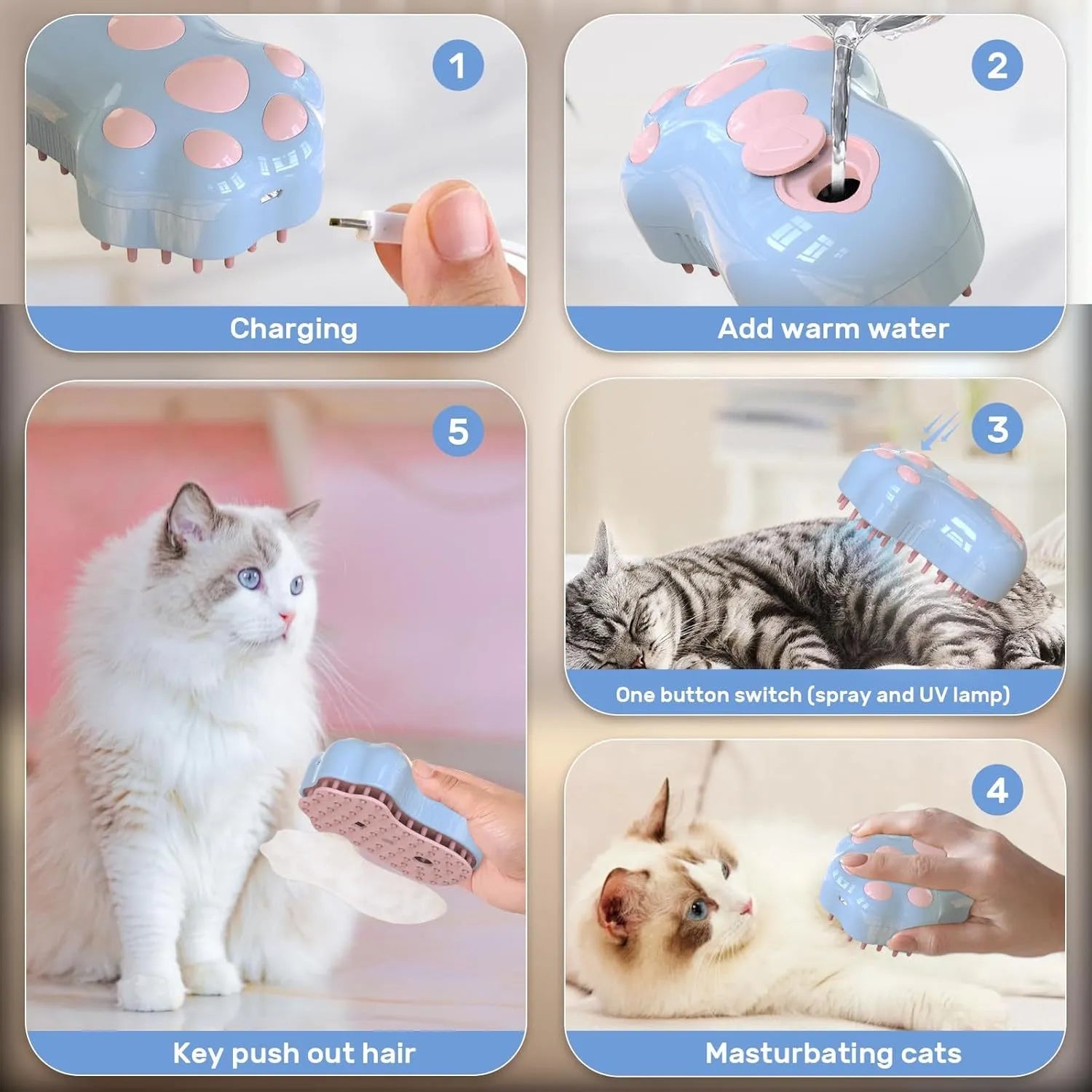 Rechargeable blue pet steam brush with silicone bristles and a water reservoir.
