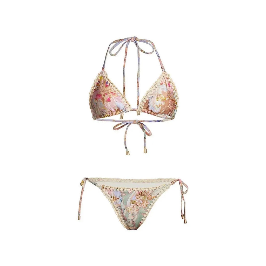 Women's floral pattern bikini set with briefs and matching skirt in creamy-white colour