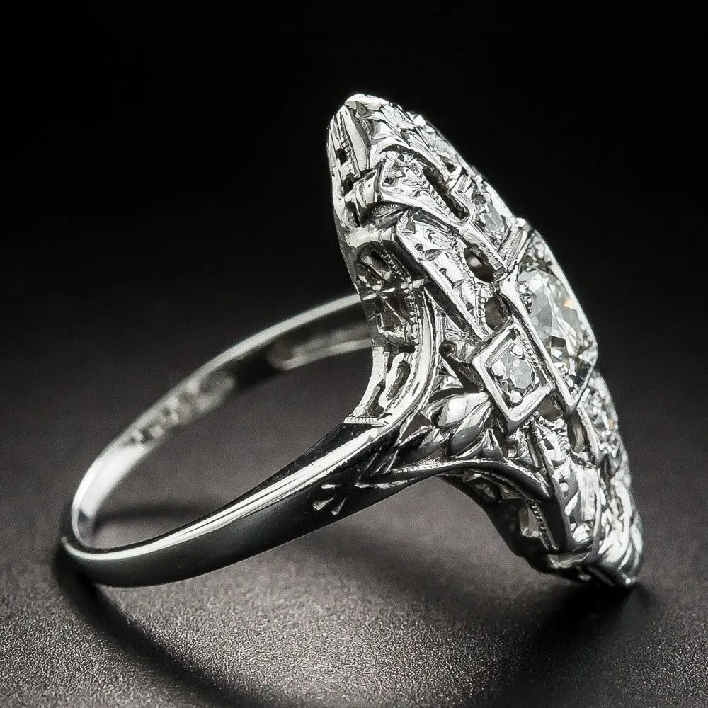 Hollow out geometric copper ring with diamond-studded detailing and silver electroplated finish
