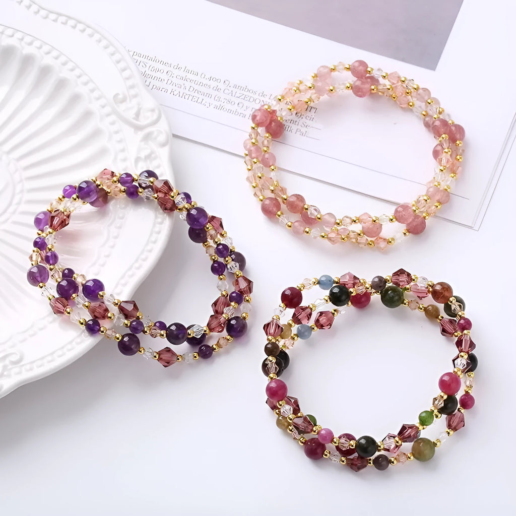 Crystal beaded three-ring bracelet with adjustable 51-52cm length in tourmaline, strawberry quartz or amethyst colours