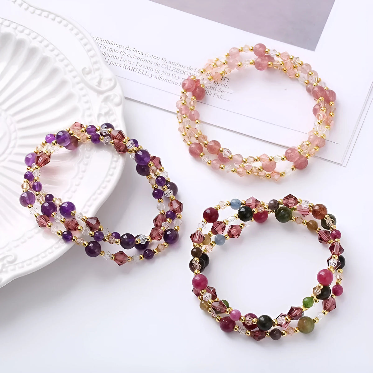 Crystal beaded three-ring bracelet with adjustable 51-52cm length in tourmaline, strawberry quartz or amethyst colours