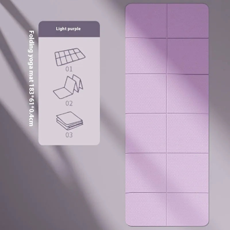 Folded and unfolded thick purple TPE gymnastic mat showing its non-slip surface and dimensions.