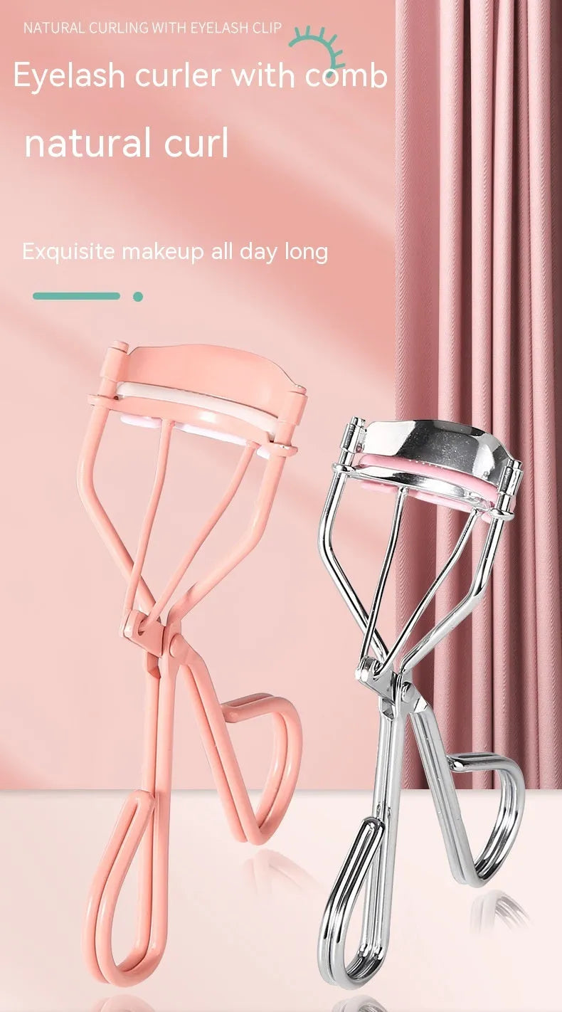 Eyelash curler with comb, 10.7cm wide angle manual beauty tool in pink or silver finish