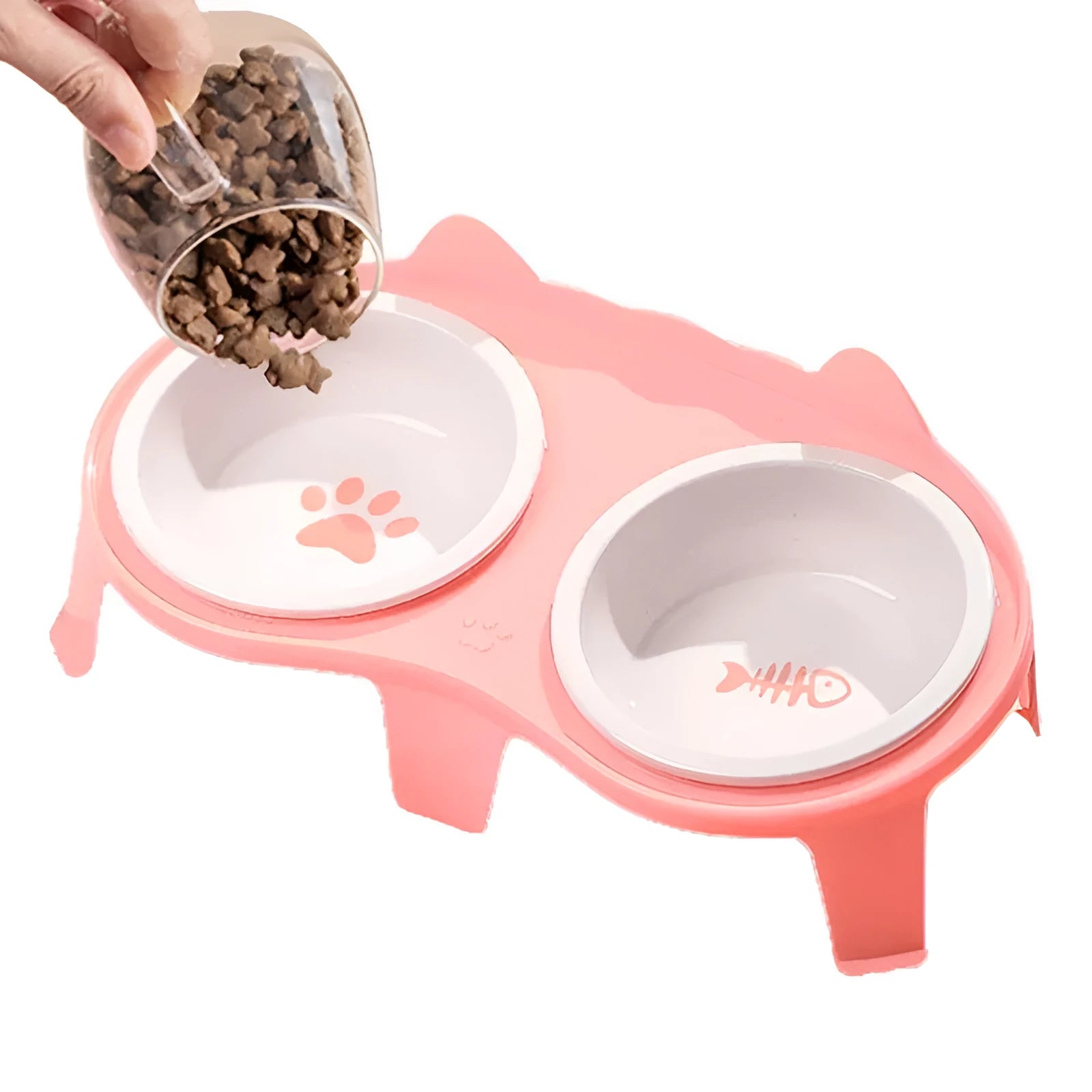 Ceramic elevated cat feeding bowl set with tilted bowls and stand in blue, pink, white or yellow