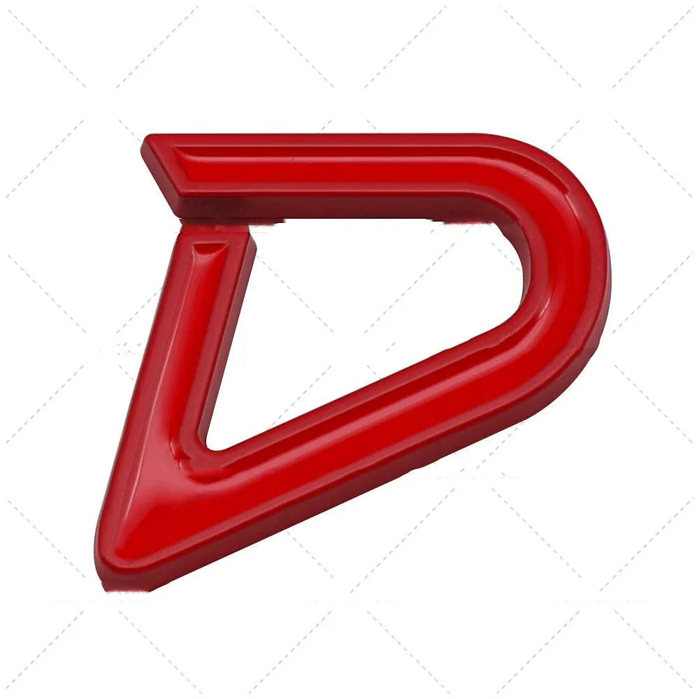 Red and silver metal SD logo car sticker for bumper modification next to a smaller D logo sticker.