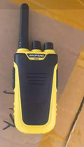 Red and yellow high power handheld intercom with USB charging port for hotel and restaurant use.
