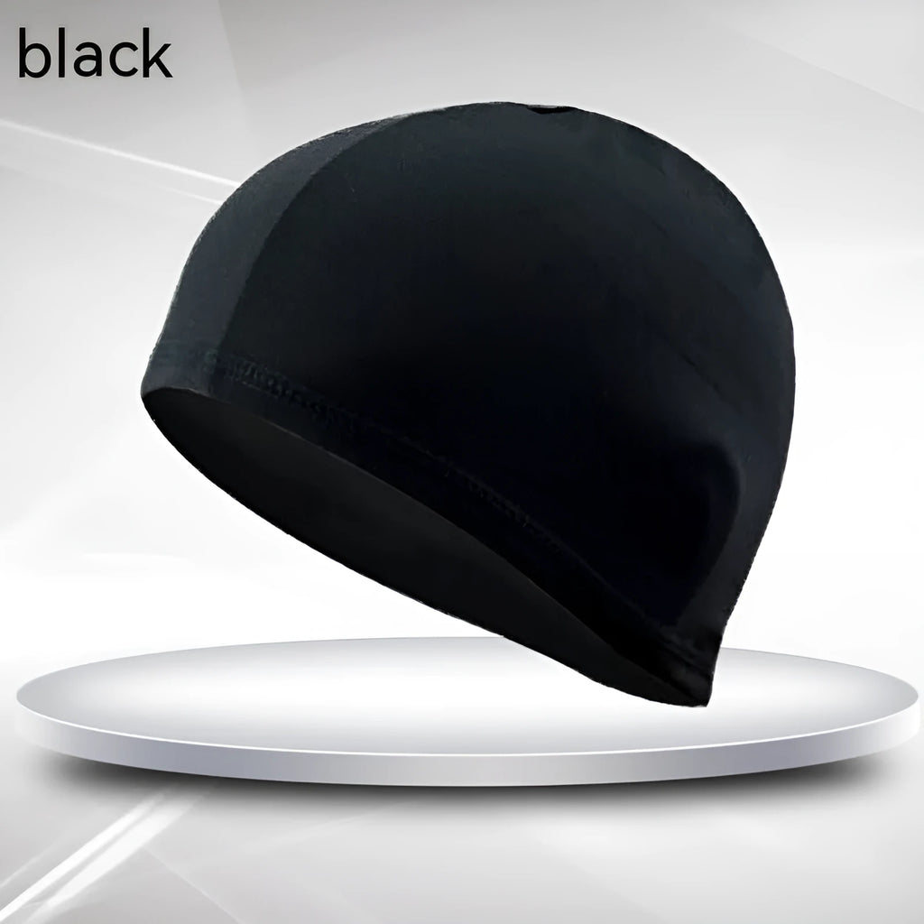Black single line polyester swimming cap for adult unisex use