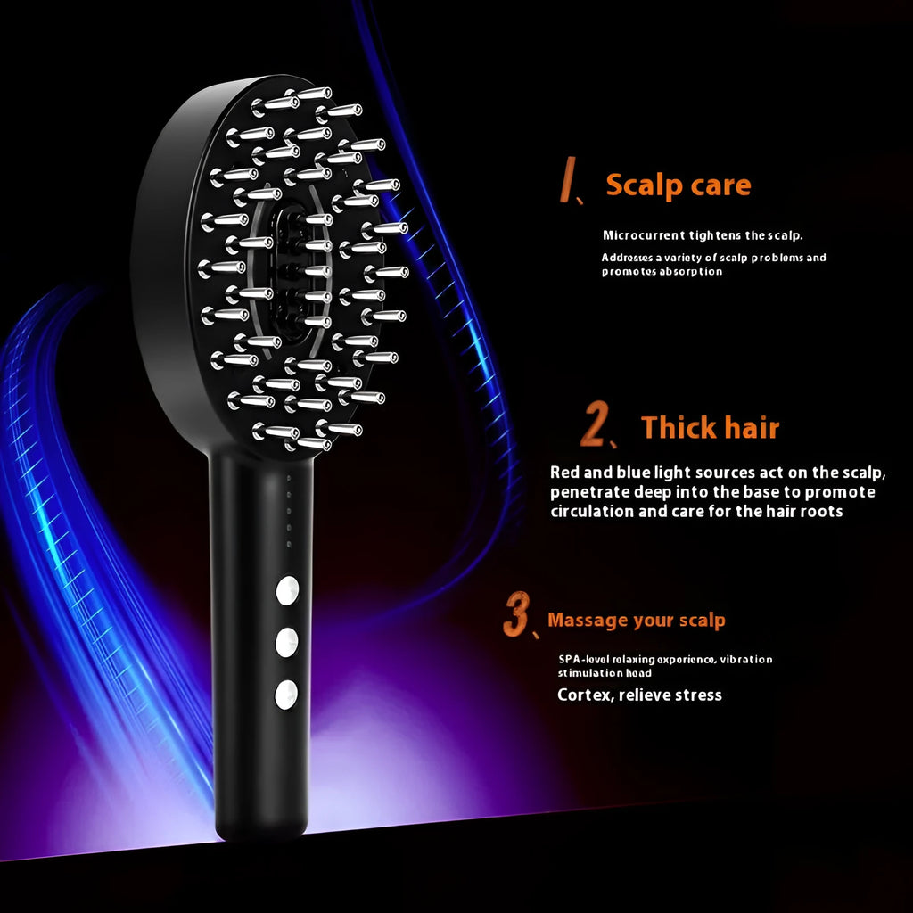 Black handheld scalp massager with LED illumination and vibration functions