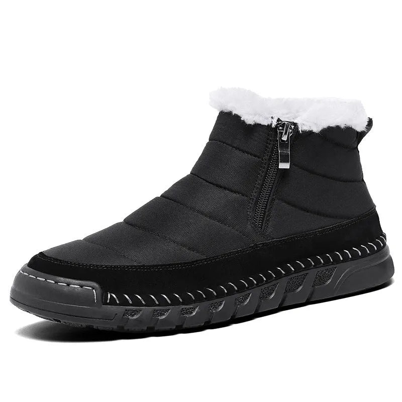 Men's plus size snow boots in black with round toe, flat heel, and non-slip rubber sole