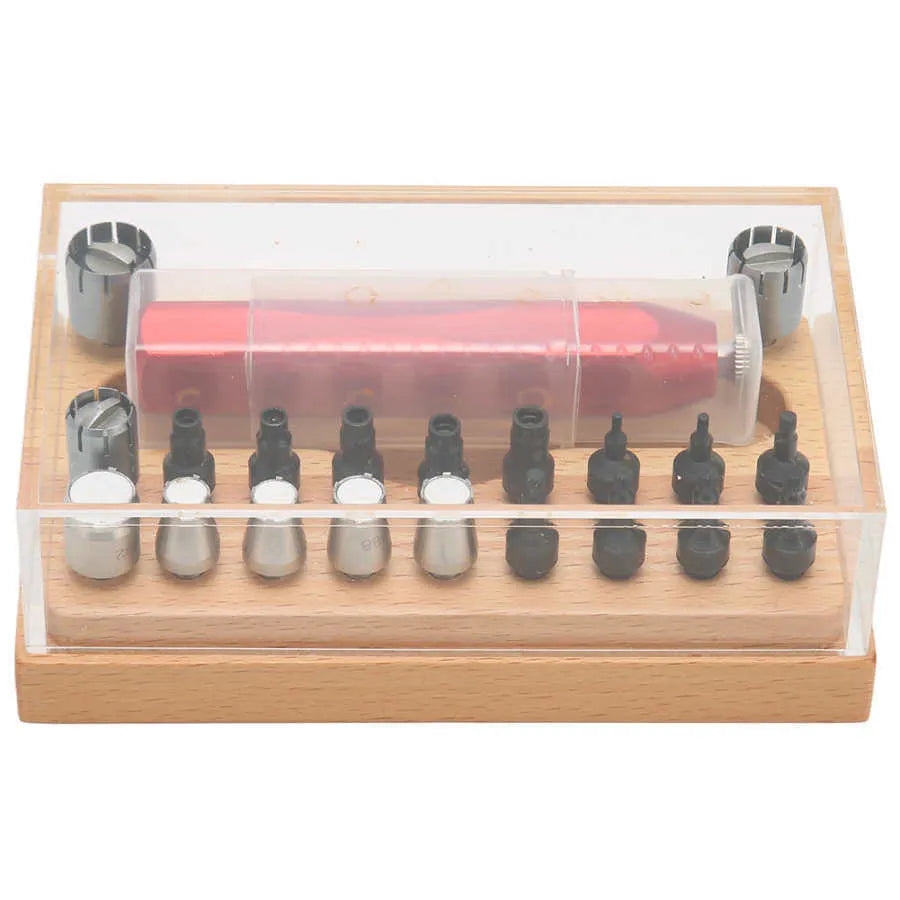 20-piece steel watch repair tool set for barrel opening with extracting tube open model in compact storage case